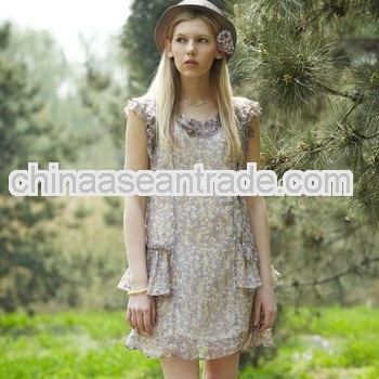 Super Ruffled Chiffon Dress Floral Beige