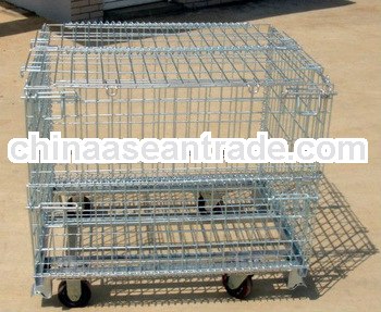 Warehouse storage steel folding crate with wheels