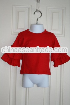 Wholesale childrens boutique clothing Fashion kids red solid color cotton long sleeves ruffles t shi