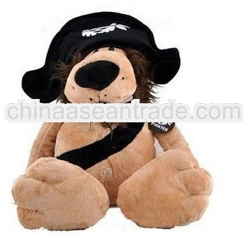 brown plush lion toy with black cap