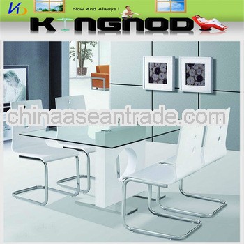 clear glass and white high gloss MDF dining table