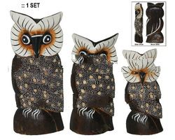 WOODEN BROWN BURN OWL WHITE DOTS SET OF 3