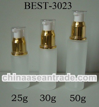 empty pump glass cosmetic bottle with golden sprayer and plastic cap