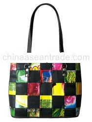 Recycled Inner tube + Rice sack handbag