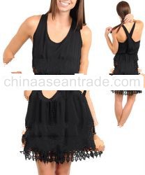 STYLE DBZ16-BLK: BLACK RACERBACK DRESS WITH LACE HEMLINE