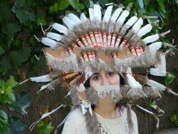 Grey and White Feather Headdress / Warbonnet