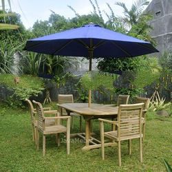 TEAK OUTDOOR FURNITURE OF STACKING SET OF 6 CHAIR, 1 OVAL EXTENDING TABLE, 1 UMBRELLA