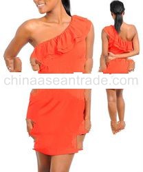 STYLE DBZ39-O: ORANGE RUFFLED ASYMMETRICAL DRESS