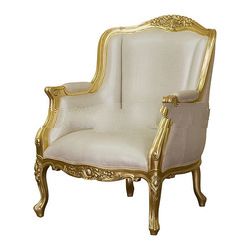 Versailles Big Carved Arms Chair with Silver Silk Upholstery