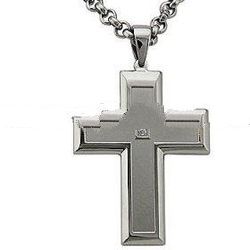 Stainless Steel Cross Pendant with Diamond on 24" Rolo Chain