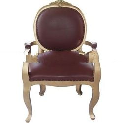 Classic Gold leaves finished hand carved Arm Chair, leather upholstered