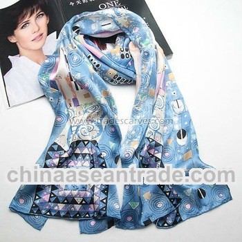 long blue flower painted designer silk scarf women