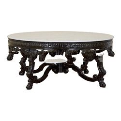 Black Heavy Carved Round Console with Marble on Top