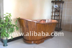 copper and wood bathtub