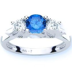 14K White Gold Round 3 Stone Blue Diamond & White Diamond Ring (1.50 ctw)