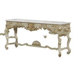 Ivory Painted with Gold Trim Heavy Carved Console Table