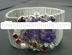 BFMN0002 - Sterling Silver Mesh Chain Bracelet with Semi Precious Stones