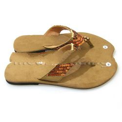 Brownie Skin Suede Beads Women's Sandal~Flat Low Rubber Heel