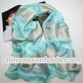 women blue jacquard silk fashion long shawl