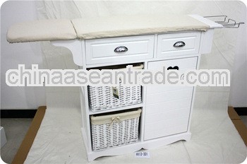 wooden ironing board in cabinet with wicker drawers and wooden door for living room furniture