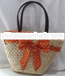 Peach Bow Straw Bag