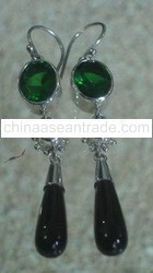 SS Earring with Green Quartz, Onyx, Fresh Water Pearl