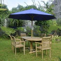 TEAK OUTDOOR FURNITURE OF STACKING SET OF 6 CHAIR, 1 OVAL EXTENDING TABLE, 1 UMBRELLA