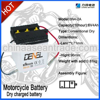Hight Quality Standard Dry Charge Motorcycle Battery 6N4-2A-7 (6V4AH),Rechargeable Storage Battery